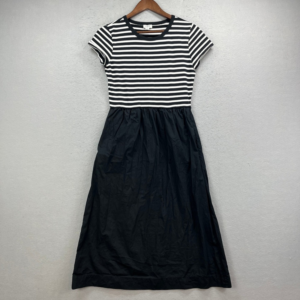 J Crew Dress Womens XS Black Striped Mixed Media Short Sleeve Midi Casual Preppy
